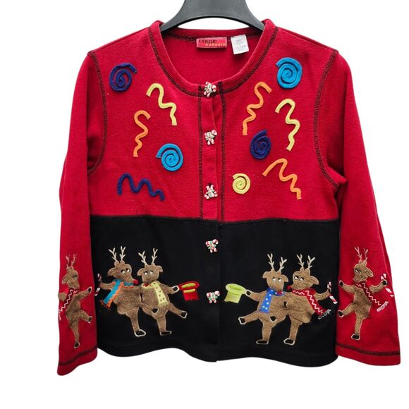 Onque Casuals Christmas Sweater Cardigan Womens Large Reindeer Candy Cane Button - Picture 2 of 11